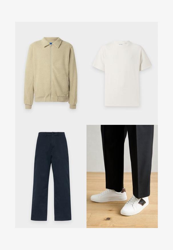 Bēša fleeces jaka ar rāvējslēdzēja priekšpusi, stāvu apkakli, divām sānu kabatām, ribām apstrādātām aprocēm un apakšu. Faktūra izskatās mīksta un patīkama.; Balta krūštura īsām piedurknēm ar ribota auduma faktūru. Apaļš kakla izgriezums, brīvs griezums, bez redzamām rakstām vai akcentiem. Vienkāršs un daudzpusīgs dizains.; Tums zila kokvilnas bikses ar taisnu kāju dizainu, ar priekšējo pogu aizdari un jostas cilpām. Vienkārša, viendabīga tekstūra bez rakstiem.; Baltā pārsoļa apavi ar gludu tekstūru, papildināti ar brūniem ādas akcentiem un melniem elementiem, savienoti ar melnām pielāgotām biksēm. Koka grīdas fons.