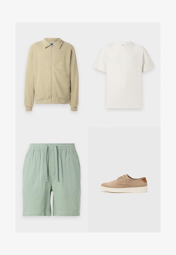 Beige fleecejakke med lynlås foran, stående krave, to sidelommer, ribstrikkede manchetter og kant. Teksturen ser blød og hyggelig ud.; Hvid kortærmet T-shirt i ribbet tekstur. Rund halsudskæring, løs pasform, ingen synlige mønstre eller accenter. Enkel og alsidig design.; Lys grønne bomulds shorts med elastisk talje og snøre. Tekstureret, let krøllet stof med en sidelomme.; Beige ruskinds sneakers med rund tå, snørebånd foran og en struktureret rygdetalje. Hvid gummisål giver kontrast. Enkel og moderne design.