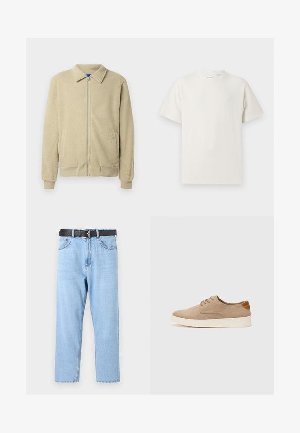 Bež flis jakna sa patentnim zatvaračem sprijeda, uspravnim ovratnikom, dva bočna džepa, rebrastim manšetama i rubom. Tekstura izgleda mekano i udobno.; Bijela kratka majica s kratkim rukavima u rebrastoj teksturi. Okrugli izrez, ležeran kroj, bez vidljivih uzoraka ili akcenta. Jednostavan i svestran dizajn.; Svijetloplave traperice s ravnim krojem. Sadrže crni pojas sa srebrnom kopčom, vidljivim šavovima i klasičnim pet džepnim stilom.; Bež nubuk tenisice s okruglim vrhom, vezanjem sprijeda i teksturiranim stražnjim naglaskom. Bijela gumena potpetica pruža kontrast. Jednostavan i moderan dizajn.