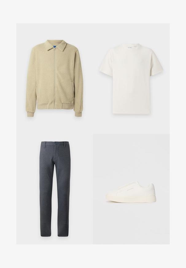 Beežika värvi fliisjope, esikinnitus lukuga, püstkrae, kaks küljetaskut, soonikuga varrukaotsad ja servad. Tekstuur tundub pehme ja hubane.; Valge lühikeste varrukatega T-särk ribakudumises. Ümar kaelus, mugav lõige, nähtavad mustrid ega aksessuaarid puuduvad. Lihtne ja mitmekesine disain.; Hallid, tekstuuriga püksid sirge lõikega, millel on vööga emakanga, eesmine tasku ja üks nupuga kinnitamine.; Valged libisemiskindlad tossud tekstuuriga pinnaga, paksu tallaga ja minimalistikus disainis. Küljel on brändi logo.