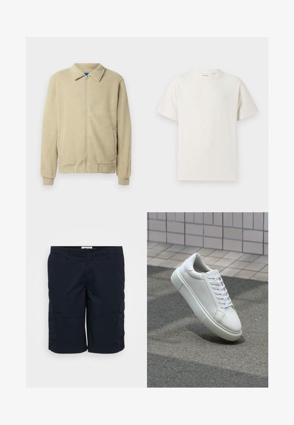 Beežika värvi fliisjope, esikinnitus lukuga, püstkrae, kaks küljetaskut, soonikuga varrukaotsad ja servad. Tekstuur tundub pehme ja hubane.; Valge lühikeste varrukatega T-särk ribakudumises. Ümar kaelus, mugav lõige, nähtavad mustrid ega aksessuaarid puuduvad. Lihtne ja mitmekesine disain.; Tumed lühikesed püksid, mis on valmistatud kergest kangast, sisaldavad kahe küljetasku, vöökoharihmade ja sirget lõiget. Lihtne disain minimaalsete õmblustega.; Valge nahkline sneka, millel on sile pind, ümar varvas ja lame valge pael. Omab tekstuuriga kummist talla ja minimaalset kujunduselementi.