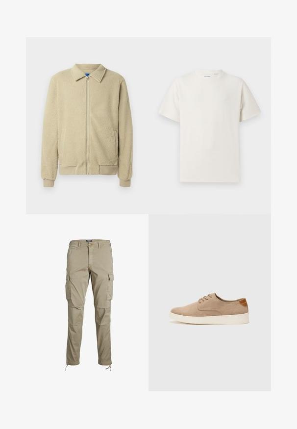 Beige Fleecejacke mit durchgehendem Reißverschluss, Stehkragen, zwei Seitentaschen, gerippten Bündchen und Saum. Die Textur wirkt weich und gemütlich.; Weißes T-Shirt mit kurzen Ärmeln in gerippter Textur. Runder Ausschnitt, lockere Passform, keine sichtbaren Muster oder Akzente. Einfaches und vielseitiges Design.; Jack & Jones JWHACE JJTUCKER ANA - Cargohose - dune; Beige Wildleder-Sneaker mit runder Zehenpartie, Schnürung und strukturiertem Rückenteil. Die weiße Gummisohle sorgt für einen Kontrast. Einfaches und modernes Design.