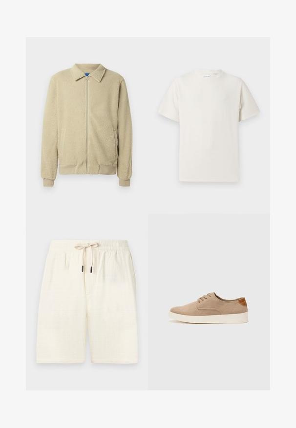 Giacca in pile beige con zip frontale, collo alto, due tasche laterali, polsini e orlo a costine. La texture appare morbida e accogliente.; T-shirt bianca a maniche corte in texture a coste. Girocollo, vestibilità rilassata, senza modelli o accenti visibili. Design semplice e versatile.; Pantaloni corti di colore crema realizzati in tessuto testurizzato con un motivo a quadretti. Presentano una vita elastica con stringa e due tasche laterali.; Sneaker in suede beige con punta arrotondata, stringhe davanti e un accento testurizzato sul retro. La suola in gomma bianca offre un contrasto. Design semplice e moderno.