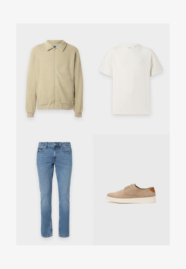 Beige fleece jacket with a zip front, stand collar, two side pockets, ribbed cuffs, and hem. The texture appears soft and cozy.; White short-sleeve T-shirt in a ribbed texture. Round neckline, relaxed fit, no visible patterns or accents. Simple and versatile design.; Blue straight-leg denim jeans with front pockets, belt loops, and a button closure.; Beige suede sneakers with a rounded toe, lace-up front, and a textured back accent. White rubber sole provides contrast. Simple and modern design.