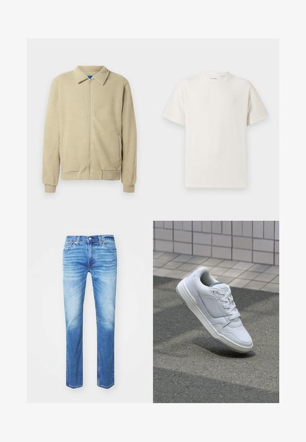 Chaqueta de forro polar beige con cremallera frontal, cuello alto, dos bolsillos laterales, puños y dobladillo acanalados. La textura parece suave y acogedora.; Camiseta blanca de manga corta en textura acanalada. Cuello redondo, corte relajado, sin patrones ni acentos visibles. Diseño simple y versátil.; Levi's® 511® SLIM - Vaqueros slim fit - always adapt; Zapatilla blanca de cuero con lados perforados, acentos texturizados, cordones planos y un talón gris en contraste. Presenta una suela ligeramente elevada.