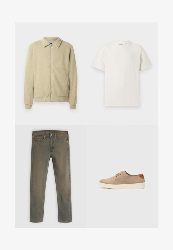 Beige fleecejakke med glidelås foran, ståkrage, to sidelommer, ribbekanter på ermer og nederst. Teksturen virker myk og koselig.; Hvit T-skjorte med kort erm i ribbestrikket tekstur. Rund hals, avslappet passform, ingen synlige mønstre eller detaljer. Enkelt og allsidig design.; Mørk grønne denimbukser med rett ben-design, fem lommer og kobberfarge detaljer. Falmet tekstur gir et brukt utseende.; Beige semskinnsko med rund tå, snøring foran og en teksturert bakre aksent. Hvit gummisåle gir kontrast. Enkelt og moderne design.