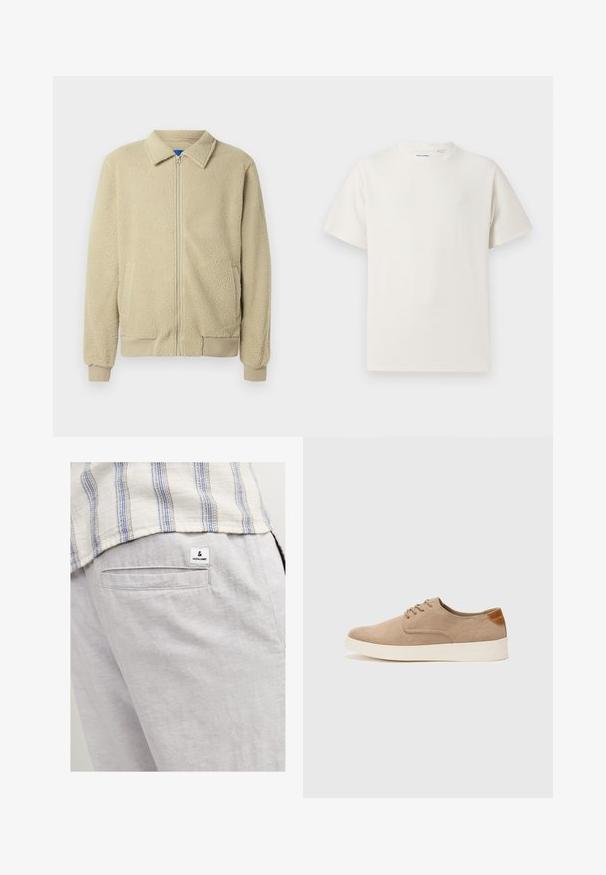 Beige fleece jacket with a zip front, stand collar, two side pockets, ribbed cuffs, and hem. The texture appears soft and cozy.; White short-sleeve T-shirt in a ribbed texture. Round neckline, relaxed fit, no visible patterns or accents. Simple and versatile design.; Light gray linen pants featuring a back pocket and a small branded tag. The fabric has a soft, textured appearance.; Beige suede sneakers with a rounded toe, lace-up front, and a textured back accent. White rubber sole provides contrast. Simple and modern design.