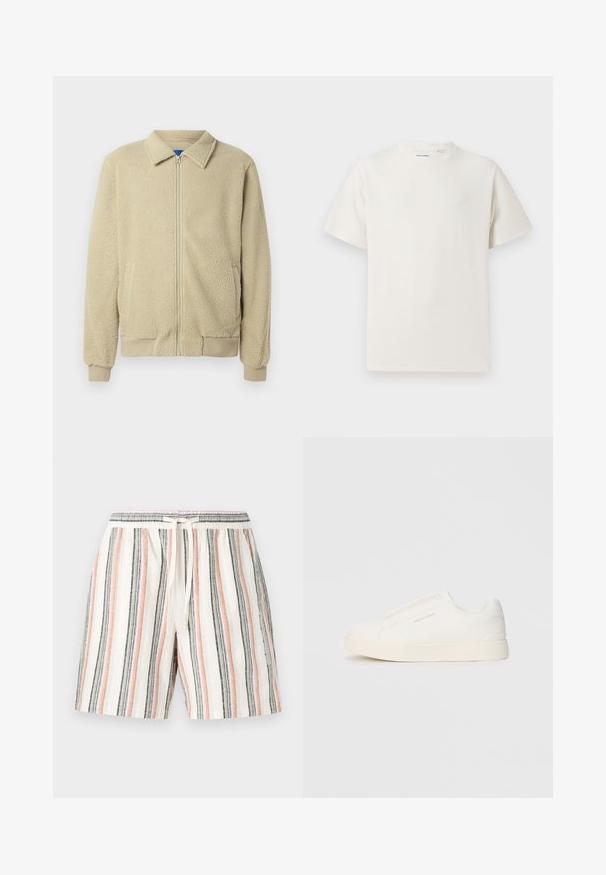 Bēša fleeces jaka ar rāvējslēdzēja priekšpusi, stāvu apkakli, divām sānu kabatām, ribām apstrādātām aprocēm un apakšu. Faktūra izskatās mīksta un patīkama.; Balta krūštura īsām piedurknēm ar ribota auduma faktūru. Apaļš kakla izgriezums, brīvs griezums, bez redzamām rakstām vai akcentiem. Vienkāršs un daudzpusīgs dizains.; Svītrainas šortas, izgatavotas no viegla auduma, ar vertikālām svītrām baltā, rozā, pelēkā un melnā krāsā, ar elastīgu jostu un aukliņu.; Baltas slip-on sporta apavi ar teksturētu virsmu, biezu zoli un minimālistisku dizainu. Sānos redzams zīmola logotips.