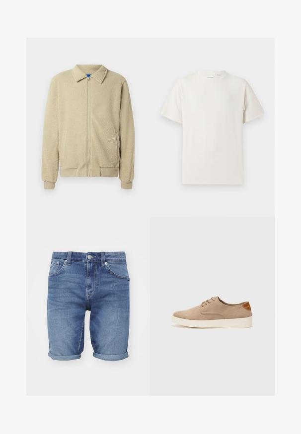 Beežika värvi fliisjope, esikinnitus lukuga, püstkrae, kaks küljetaskut, soonikuga varrukaotsad ja servad. Tekstuur tundub pehme ja hubane.; Valge lühikeste varrukatega T-särk ribakudumises. Ümar kaelus, mugav lõige, nähtavad mustrid ega aksessuaarid puuduvad. Lihtne ja mitmekesine disain.; Heled sinine teksashorts. Omab klassikalist viit taskut, keritud servasid ja metallist nööbi kinnitust vöö kohal.; Beežid nahast tossud ümarate varvastega, paeltega esiosa ja tekstuuriga tagakontuuriga. Valge kummist tallapakkumine loob kontrasti. Lihtne ja kaasaegne disain.