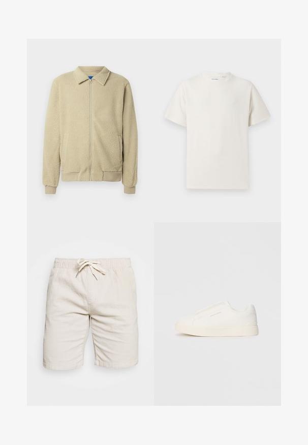 Beige fleecejakke med glidelås foran, ståkrage, to sidelommer, ribbekanter på ermer og nederst. Teksturen virker myk og koselig.; Hvit T-skjorte med kort erm i ribbestrikket tekstur. Rund hals, avslappet passform, ingen synlige mønstre eller detaljer. Enkelt og allsidig design.; Beige shorts laget av lett stoff med elastisk midje og snor. Har to sidelommer og en teksturert overflate.; Hvite slip-on joggesko med teksturert overflate, tykk såle og minimalistisk design. Har merkevarelogo på siden.