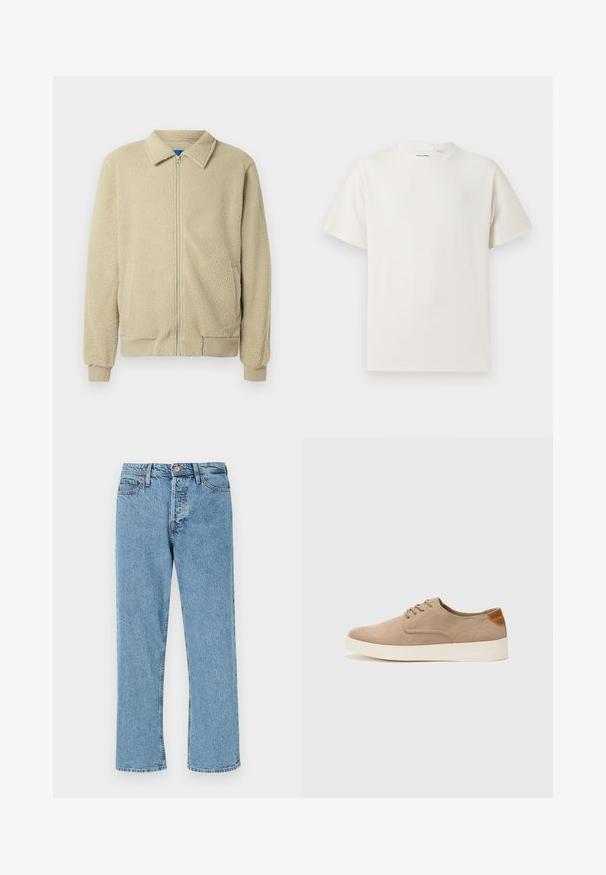 Smėlio spalvos flisinė striukė su priekiu užtrauktuku, stovinčiu apykakle, dviem šoninėmis kišenėmis, ribinėmis rankogaliais ir apatine briauna. Tekstūra atrodo minkšta ir jauki.; Balta trumpa rankovė T-polo marškinėlių su juostelėmis tekstūra. Apvalus iškirpimas, laisvas fasonas, jokių matomų raštų ar akcentų. Paprastas ir universalus dizainas.; Šviesiai mėlynos tiesios kojelės džinsinės kelnes su priekiniais mygtukais, užtrauktuku ir penkių kišenių dizainu ant balto fono.; Bežiniai zomšiniai sportbačiai su apvaliomis pirštų dalimis, raišteliais priekyje ir tekstūruotu užkulniu. Balta guma suteikia kontrastą. Paprastas ir modernus dizainas.