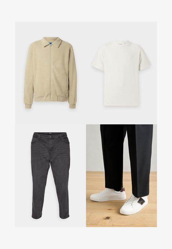 Beige polárdzseki cipzárral az elején, álló gallérral, két oldalzsebbel, bordázott mandzsettával és szegéllyel. Az anyag puha és kényelmes tapintású.; Fehér, rövid ujjú póló bordázott textúrával. Kerek nyakkivágás, laza szabás, nincs látható minta vagy díszítés. Egyszerű és sokoldalú dizájn.; Fekete farmernadrág egyenes szárú szabással, gombos zipzárral, oldalsó zsebekkel és finom kopásokkal, amelyek klasszikus megjelenést kölcsönöznek.; Fehér sneaker, sima textúrával, barna bőr díszítéssel és fekete részletekkel, fekete szabott nadrággal párosítva. Fából készült padló háttér.