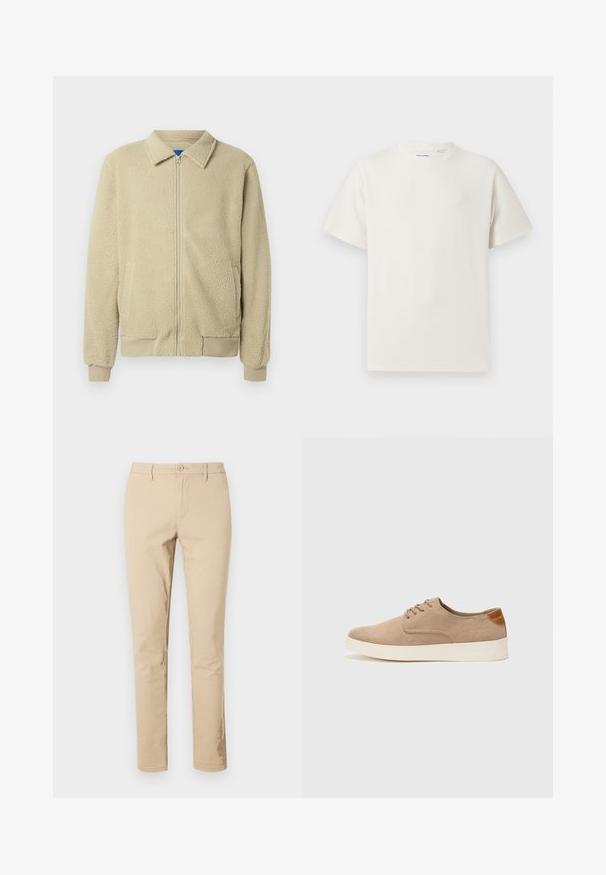 Beige fleecejakku, jossa on vetoketju edessä, pystykaulus, kaksi sivutaskua, resorit hihansuissa ja helmassa. Materiaali näyttää pehmeältä ja mukavalta.; Valkoinen lyhythihainen T-paita ribbikuviossa. Pyöreä kaula-aukko, rento istuvuus, ei näkyviä kuvioita tai yksityiskohtia. Yksinkertainen ja monikäyttöinen muotoilu.; Beige puuvillahousut, joissa on klassinen malli, vetoketjuhälsi nappikiinnityksellä, vyölenkit ja siistit lahkeensuujat. Ei näkyviä kuvioita tai koristeita.; Beige nubuck-lenkkarit, joissa on pyöreä kärki, nauhakiinnitys ja teksturoitu takaosa. Valkoinen kumipohja tuo kontrastia. Yksinkertainen ja moderni muotoilu.