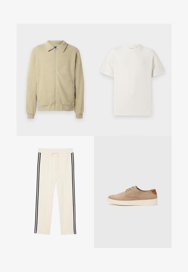 Beige fleecejakke med glidelås foran, ståkrage, to sidelommer, ribbekanter på ermer og nederst. Teksturen virker myk og koselig.; Hvit T-skjorte med kort erm i ribbestrikket tekstur. Rund hals, avslappet passform, ingen synlige mønstre eller detaljer. Enkelt og allsidig design.; Kremfarvede joggebukser med elastisk talje og justerbar snor. Har to sorte sidelister, der løber ned ad hvert ben. Blød stoftekstur.; Beige semskinnsko med rund tå, snøring foran og en teksturert bakre aksent. Hvit gummisåle gir kontrast. Enkelt og moderne design.