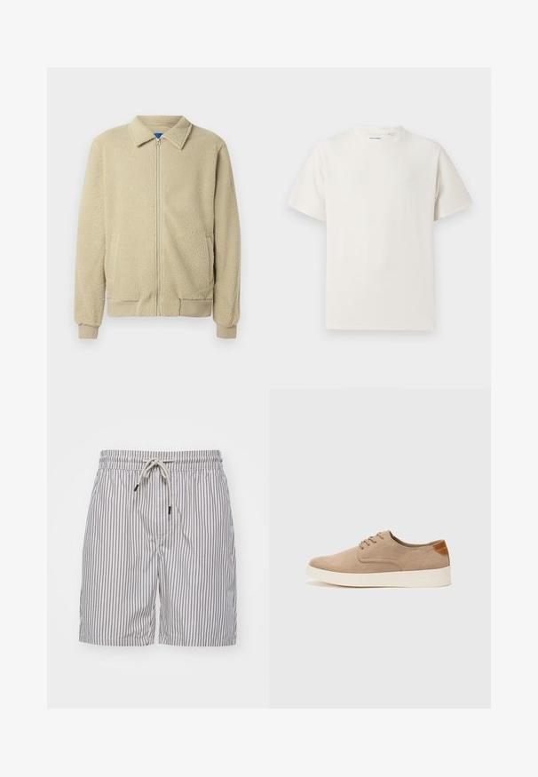 Beige Fleecejacke mit durchgehendem Reißverschluss, Stehkragen, zwei Seitentaschen, gerippten Bündchen und Saum. Die Textur wirkt weich und gemütlich.; Weißes T-Shirt mit kurzen Ärmeln in gerippter Textur. Runder Ausschnitt, lockere Passform, keine sichtbaren Muster oder Akzente. Einfaches und vielseitiges Design.; Gestreifte Badeshorts aus leichtem Stoff; mit blauen vertikalen Streifen, elastischem Bund mit Kordelzug und Seitentaschen.; Beige Wildleder-Sneaker mit runder Zehenpartie, Schnürung und strukturiertem Rückenteil. Die weiße Gummisohle sorgt für einen Kontrast. Einfaches und modernes Design.