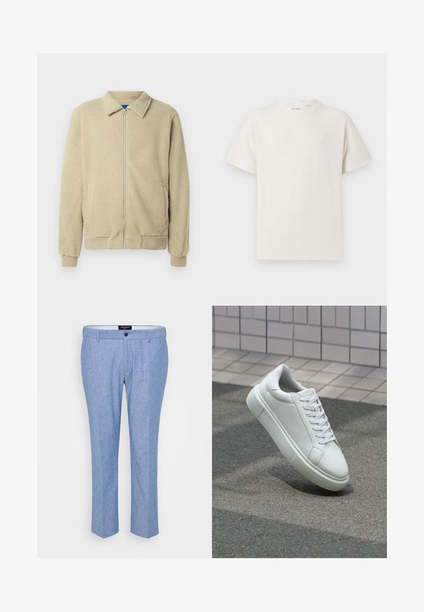 Beežika värvi fliisjope, esikinnitus lukuga, püstkrae, kaks küljetaskut, soonikuga varrukaotsad ja servad. Tekstuur tundub pehme ja hubane.; Valge lühikeste varrukatega T-särk ribakudumises. Ümar kaelus, mugav lõige, nähtavad mustrid ega aksessuaarid puuduvad. Lihtne ja mitmekesine disain.; Heledad sinised püksid, mis on valmistatud tekstureeritud kangast, sirge lõikega, vööpingutitega ja ühe esise nupuga.; Valge nahkline sneka, millel on sile pind, ümar varvas ja lame valge pael. Omab tekstuuriga kummist talla ja minimaalset kujunduselementi.