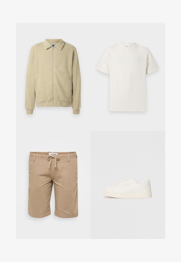 Smėlio spalvos flisinė striukė su priekiu užtrauktuku, stovinčiu apykakle, dviem šoninėmis kišenėmis, ribinėmis rankogaliais ir apatine briauna. Tekstūra atrodo minkšta ir jauki.; Balta trumpa rankovė T-polo marškinėlių su juostelėmis tekstūra. Apvalus iškirpimas, laisvas fasonas, jokių matomų raštų ar akcentų. Paprastas ir universalus dizainas.; Šviesiai rudos šortai, pagaminti iš lengvos medžiagos, su elastine juosmenine dalimi ir raišteliu, šoninėmis kišenėmis ir laisvu siluetu.; Baltos slip-on sportbačiai su tekstūruota paviršiumi, storesniu padu ir minimalistišku dizainu. Šone matosi prekės ženklo logotipas.