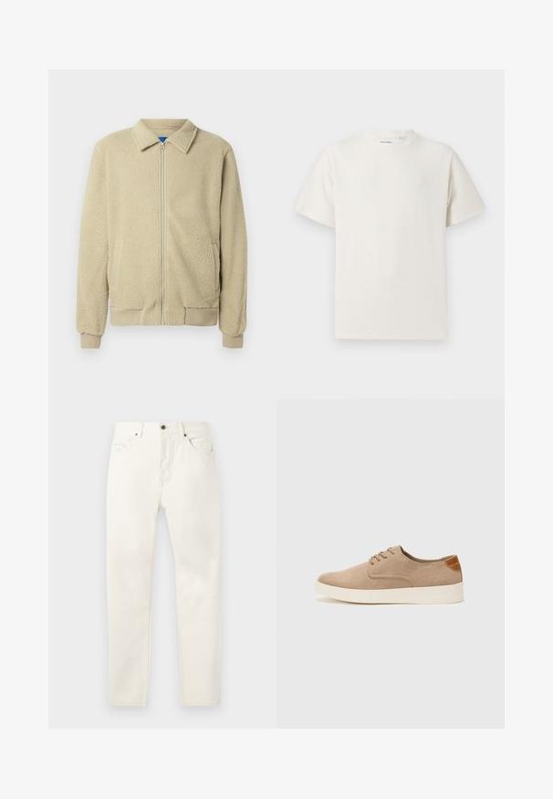 Beige fleece jacket with a zip front, stand collar, two side pockets, ribbed cuffs, and hem. The texture appears soft and cozy.; White short-sleeve T-shirt in a ribbed texture. Round neckline, relaxed fit, no visible patterns or accents. Simple and versatile design.; White denim jeans with a straight cut, featuring five pockets, a button closure, and subtle stitching detail near the waistband.; Beige suede sneakers with a rounded toe, lace-up front, and a textured back accent. White rubber sole provides contrast. Simple and modern design.