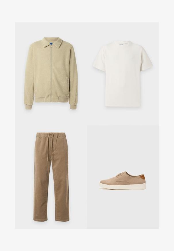 Giacca in pile beige con zip frontale, collo alto, due tasche laterali, polsini e orlo a costine. La texture appare morbida e accogliente.; T-shirt bianca a maniche corte in texture a coste. Girocollo, vestibilità rilassata, senza modelli o accenti visibili. Design semplice e versatile.; Pantaloni in corduroy marrone con vita elasticizzata e coulisse, caratterizzati da una vestibilità rilassata e gambe dritte, superficie testurizzata con motivo a coste.; Sneaker in suede beige con punta arrotondata, stringhe davanti e un accento testurizzato sul retro. La suola in gomma bianca offre un contrasto. Design semplice e moderno.