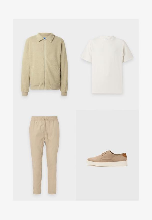 Bež flis jakna z zadrgo spredaj, stoječim ovratnikom, dvema stranskima žepoma, rebrastimi manšetami in robom. Tekstura je videti mehka in udobna.; Bela majica s kratkimi rokavi iz rebraste tkanine. Okrogli izrez, sproščen kroj, brez vidnih vzorcev ali naglasov. Preprosta in vsestranska zasnova.; Bež hlače, lahke, z elastičnim pasom in vrvico za zategovanje. Ravnokoten dizajn, gladka tekstura in brez vidnih vzorcev ali poudarkov.; Bež tkanine usnjene superge z zaobljenim nosom, vezalkami na sprednji strani in teksturiranim zadnjim detajlom. Belo gumijasto podplato zagotavlja kontrast. Enostaven in sodoben dizajn.
