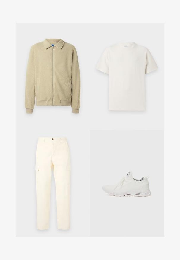 Bēša fleeces jaka ar rāvējslēdzēja priekšpusi, stāvu apkakli, divām sānu kabatām, ribām apstrādātām aprocēm un apakšu. Faktūra izskatās mīksta un patīkama.; Balta krūštura īsām piedurknēm ar ribota auduma faktūru. Apaļš kakla izgriezums, brīvs griezums, bez redzamām rakstām vai akcentiem. Vienkāršs un daudzpusīgs dizains.; Gaiši dzeltenas kokvilnas kravas bikses ar sānu kabatām un taisnu kāju dizainu, ar pogu aizdari jostasvietā.; Baltas sporta apavi ar teksturētu adītu augšdaļu, platiem auklām un mīkstinātu zoli ar redzamām gaisa kamerām papildu atbalstam.