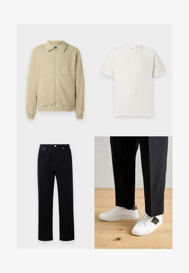 Veste en polaire beige avec fermeture éclair frontale, col montant, deux poches latérales, poignets et ourlet côtelés. La texture semble douce et confortable.; T-shirt blanc à manches courtes en texture côtelée. Encolure ronde, coupe décontractée, sans motifs ni accents visibles. Design simple et polyvalent.; Pantalons en velours côtelé noir avec une coupe droite, dotés d'une fermeture à bouton et fermeture éclair, de cinq poches et d'un tissu doux et texturé.; Des sneakers blanches au texture lisse, avec des accents en cuir marron et des détails noirs, assorties à un pantalon noir ajusté. Fond en parquet.