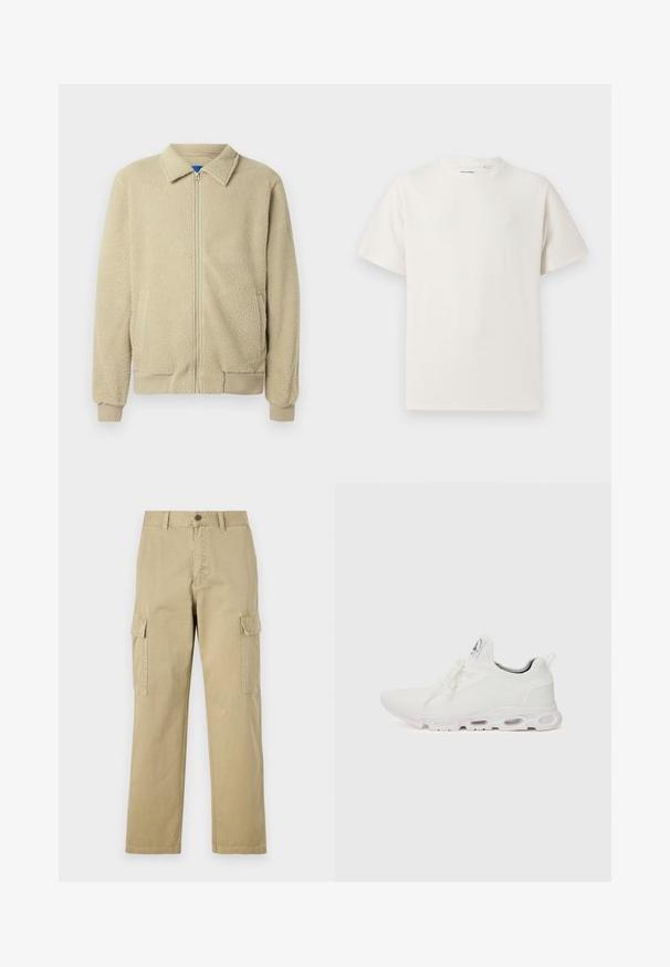 Beige Fleecejacke mit durchgehendem Reißverschluss, Stehkragen, zwei Seitentaschen, gerippten Bündchen und Saum. Die Textur wirkt weich und gemütlich.; Weißes T-Shirt mit kurzen Ärmeln in gerippter Textur. Runder Ausschnitt, lockere Passform, keine sichtbaren Muster oder Akzente. Einfaches und vielseitiges Design.; Beige Cargo-Hosen aus Baumwolle, mit zwei Seitentaschen, einem Knopfverschluss und geraden Beinen aus einem leicht strukturierten Stoff.; Weiße Sportschuhe mit einem strukturierten Strickobermaterial, flachen Schnürsenkeln und einer gepolsterten Sohle mit sichtbaren Luftkammern für zusätzlichen Halt.