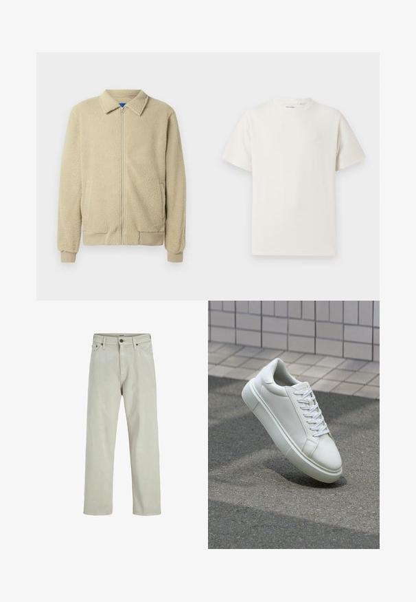 Beežika värvi fliisjope, esikinnitus lukuga, püstkrae, kaks küljetaskut, soonikuga varrukaotsad ja servad. Tekstuur tundub pehme ja hubane.; Valge lühikeste varrukatega T-särk ribakudumises. Ümar kaelus, mugav lõige, nähtavad mustrid ega aksessuaarid puuduvad. Lihtne ja mitmekesine disain.; Heledad beežid denim teksad sirge jalgade disainiga, viie taskuga stiil ja nööbiga kinnitus vööl, millel on minimaalsed õmbluse detailid.; Valge nahkline sneka, millel on sile pind, ümar varvas ja lame valge pael. Omab tekstuuriga kummist talla ja minimaalset kujunduselementi.