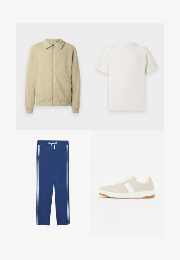 Beige Fleecejacke mit durchgehendem Reißverschluss, Stehkragen, zwei Seitentaschen, gerippten Bündchen und Saum. Die Textur wirkt weich und gemütlich.; Weißes T-Shirt mit kurzen Ärmeln in gerippter Textur. Runder Ausschnitt, lockere Passform, keine sichtbaren Muster oder Akzente. Einfaches und vielseitiges Design.; Dunkelblaue Sporthosen mit weißen Seitenstreifen, elastischem Bund, Kordelzug und weichem Stoff, entworfen für Komfort und Beweglichkeit.; Beige Sneaker mit weißen Akzenten, samtiger Textur, runder Form, Schnürdesign und einer kontrastierenden Sohle aus Gummi.