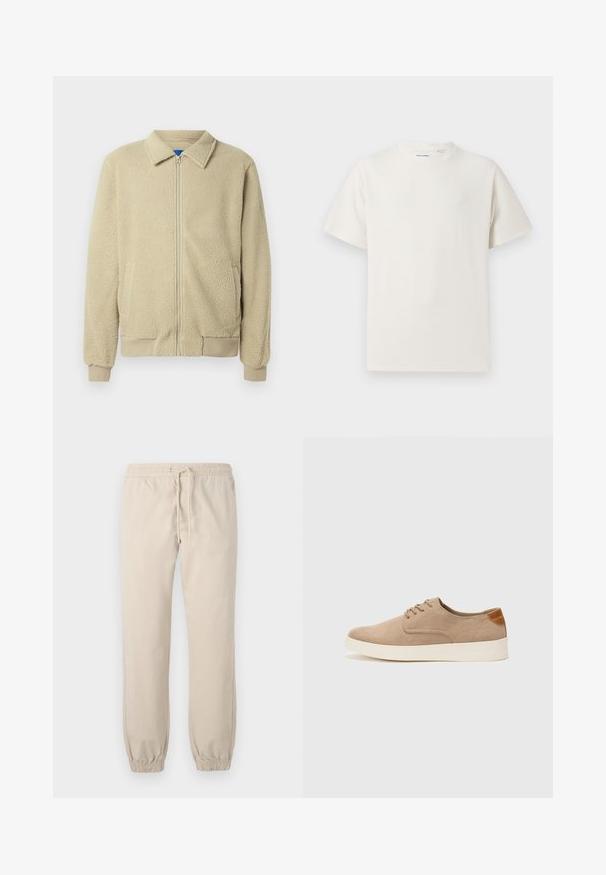Chaqueta de forro polar beige con cremallera frontal, cuello alto, dos bolsillos laterales, puños y dobladillo acanalados. La textura parece suave y acogedora.; Camiseta blanca de manga corta en textura acanalada. Cuello redondo, corte relajado, sin patrones ni acentos visibles. Diseño simple y versátil.; Pantalones jogger ligeros en color beige, con cintura elástica y cordón. Puños ajustados en los tobillos, textura suave, diseño minimalista.; Zapatillas de ante beige con puntera redondeada, cordones en la parte delantera y un acento texturizado en la parte trasera. La suela de goma blanca proporciona contraste. Diseño sencillo y moderno.