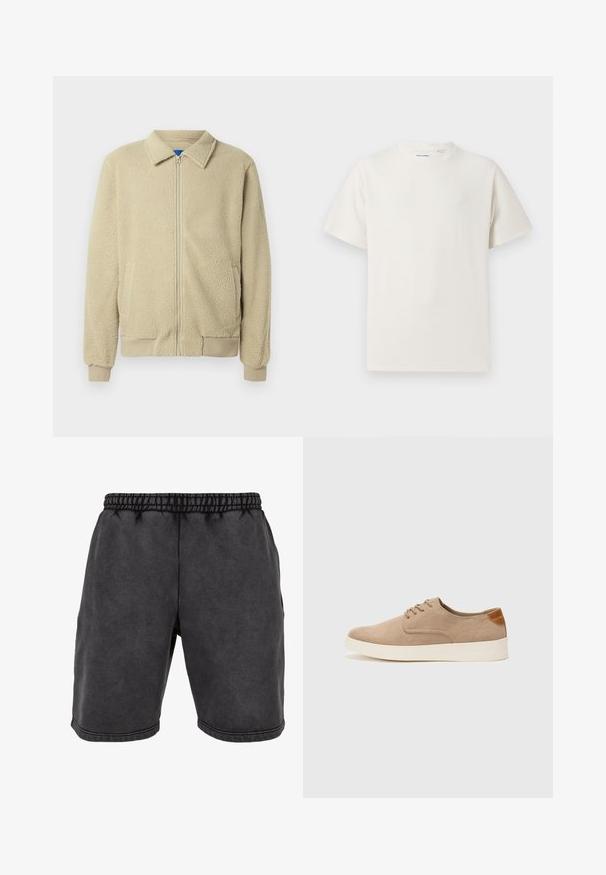 Beige fleecejakku, jossa on vetoketju edessä, pystykaulus, kaksi sivutaskua, resorit hihansuissa ja helmassa. Materiaali näyttää pehmeältä ja mukavalta.; Valkoinen lyhythihainen T-paita ribbikuviossa. Pyöreä kaula-aukko, rento istuvuus, ei näkyviä kuvioita tai yksityiskohtia. Yksinkertainen ja monikäyttöinen muotoilu.; Mustat puuvillahousut, joissa on joustava vyötärö, sivutaskut ja koristeompeleita. Kankaassa on pehmeä, matta pinta.; Beige nubuck-lenkkarit, joissa on pyöreä kärki, nauhakiinnitys ja teksturoitu takaosa. Valkoinen kumipohja tuo kontrastia. Yksinkertainen ja moderni muotoilu.