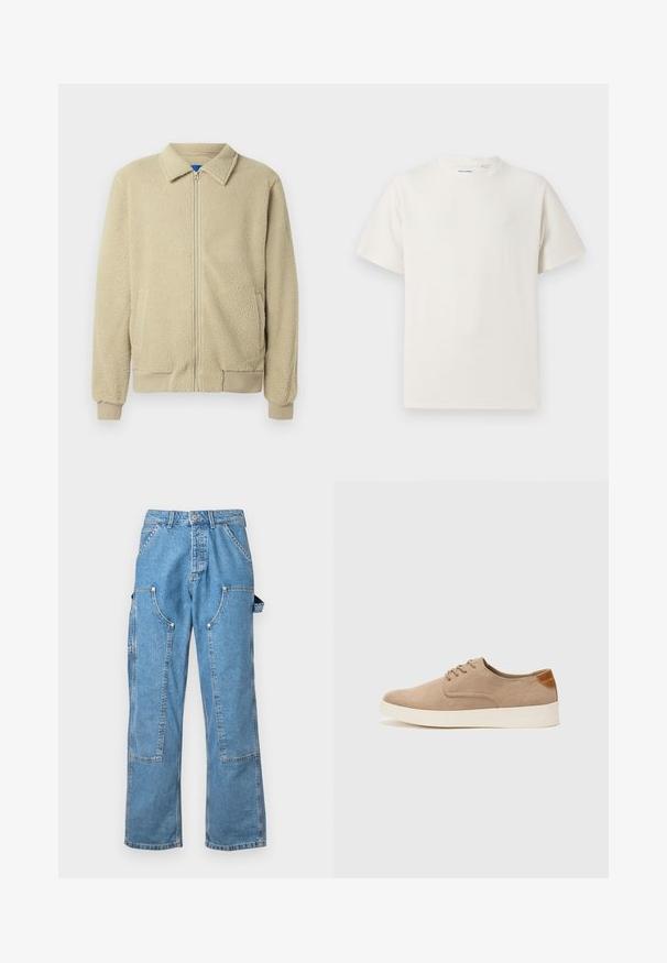 Smėlio spalvos flisinė striukė su priekiu užtrauktuku, stovinčiu apykakle, dviem šoninėmis kišenėmis, ribinėmis rankogaliais ir apatine briauna. Tekstūra atrodo minkšta ir jauki.; Balta trumpa rankovė T-polo marškinėlių su juostelėmis tekstūra. Apvalus iškirpimas, laisvas fasonas, jokių matomų raštų ar akcentų. Paprastas ir universalus dizainas.; Šviesiai mėlynos džinsinės cargo kelnės su laisvu siluetu, keliais kišenėmis, pagamintomis iš audinio, ir kontrastingomis siūlėmis. Turintis sagčių uždarymą ir dirželių kilpos.; Bežiniai zomšiniai sportbačiai su apvaliomis pirštų dalimis, raišteliais priekyje ir tekstūruotu užkulniu. Balta guma suteikia kontrastą. Paprastas ir modernus dizainas.