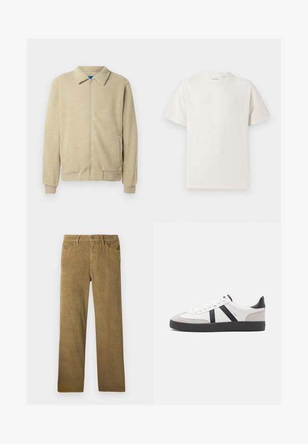 Beige fleece jacket with a zip front, stand collar, two side pockets, ribbed cuffs, and hem. The texture appears soft and cozy.; White short-sleeve T-shirt in a ribbed texture. Round neckline, relaxed fit, no visible patterns or accents. Simple and versatile design.; Corduroy trousers in a khaki color with a straight cut, featuring vertical ribbed texture, belt loops, and front pockets.; White sneaker with black and gray accents, featuring a textured gray toe cap, black rubber sole, and flat white laces. Clean design, minimalist style.