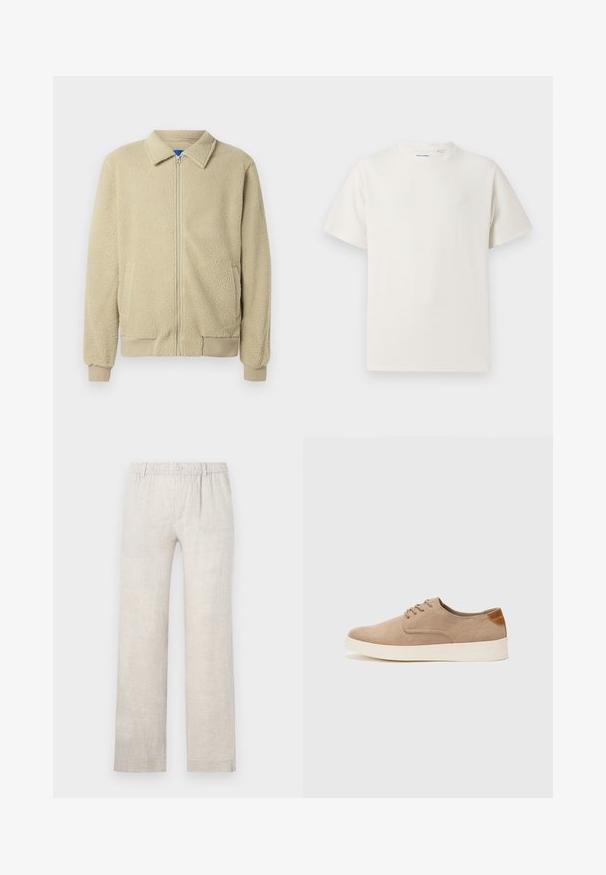 Veste en polaire beige avec fermeture éclair frontale, col montant, deux poches latérales, poignets et ourlet côtelés. La texture semble douce et confortable.; T-shirt blanc à manches courtes en texture côtelée. Encolure ronde, coupe décontractée, sans motifs ni accents visibles. Design simple et polyvalent.; Pantalon en lin beige clair avec une coupe droite, une taille élastique et une fermeture à bouton. Texture minimale avec des détails de couture subtils.; Baskets en daim beige avec un embout arrondi, un laçage sur le devant et un accent texturé à l'arrière. La semelle en caoutchouc blanche offre un contraste. Design simple et moderne.