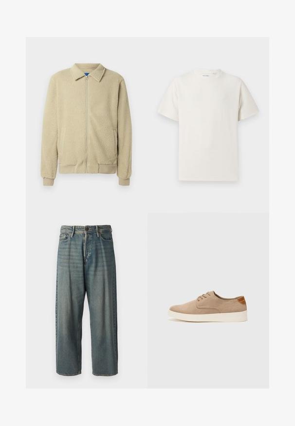 Beige fleece jacket with a zip front, stand collar, two side pockets, ribbed cuffs, and hem. The texture appears soft and cozy.; White short-sleeve T-shirt in a ribbed texture. Round neckline, relaxed fit, no visible patterns or accents. Simple and versatile design.; Light blue denim jeans with a loose fit, mid-rise waist, and straight legs. Features five pockets, belt loops, and a button closure.; Beige suede sneakers with a rounded toe, lace-up front, and a textured back accent. White rubber sole provides contrast. Simple and modern design.