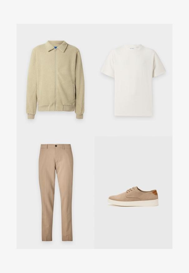 Beige fleecejakke med glidelås foran, ståkrage, to sidelommer, ribbekanter på ermer og nederst. Teksturen virker myk og koselig.; Hvit T-skjorte med kort erm i ribbestrikket tekstur. Rund hals, avslappet passform, ingen synlige mønstre eller detaljer. Enkelt og allsidig design.; Beige skreddersydde bukser laget av et glatt stoff, med knappelukking, beltesløyfer og en slank passform med rette ben.; Beige semskinnsko med rund tå, snøring foran og en teksturert bakre aksent. Hvit gummisåle gir kontrast. Enkelt og moderne design.