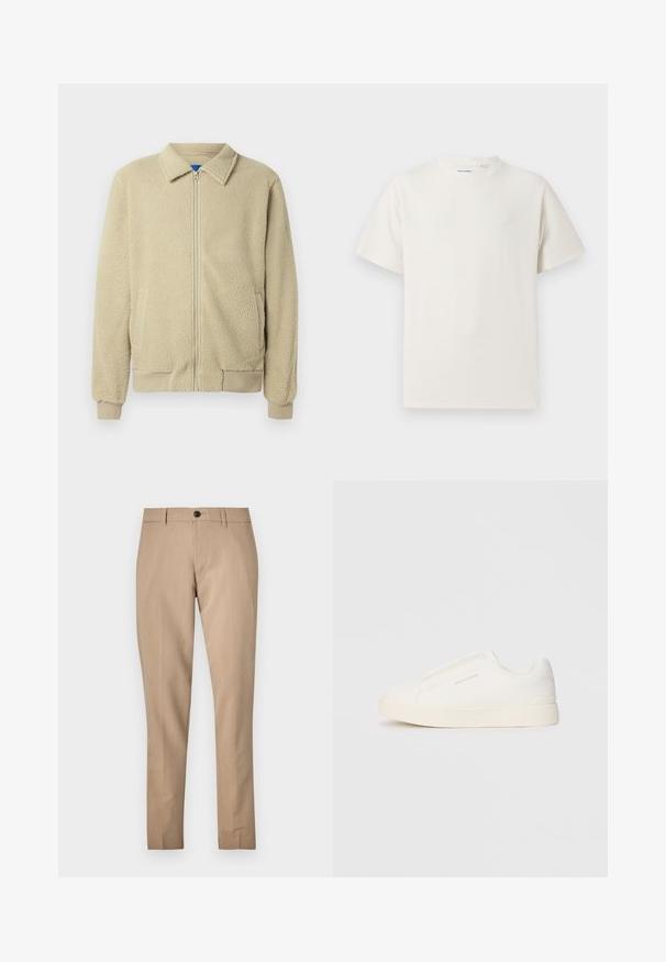 Beige fleecejakke med glidelås foran, ståkrage, to sidelommer, ribbekanter på ermer og nederst. Teksturen virker myk og koselig.; Hvit T-skjorte med kort erm i ribbestrikket tekstur. Rund hals, avslappet passform, ingen synlige mønstre eller detaljer. Enkelt og allsidig design.; Beige skreddersydde bukser laget av et glatt stoff, med knappelukking, beltesløyfer og en slank passform med rette ben.; Hvite slip-on joggesko med teksturert overflate, tykk såle og minimalistisk design. Har merkevarelogo på siden.