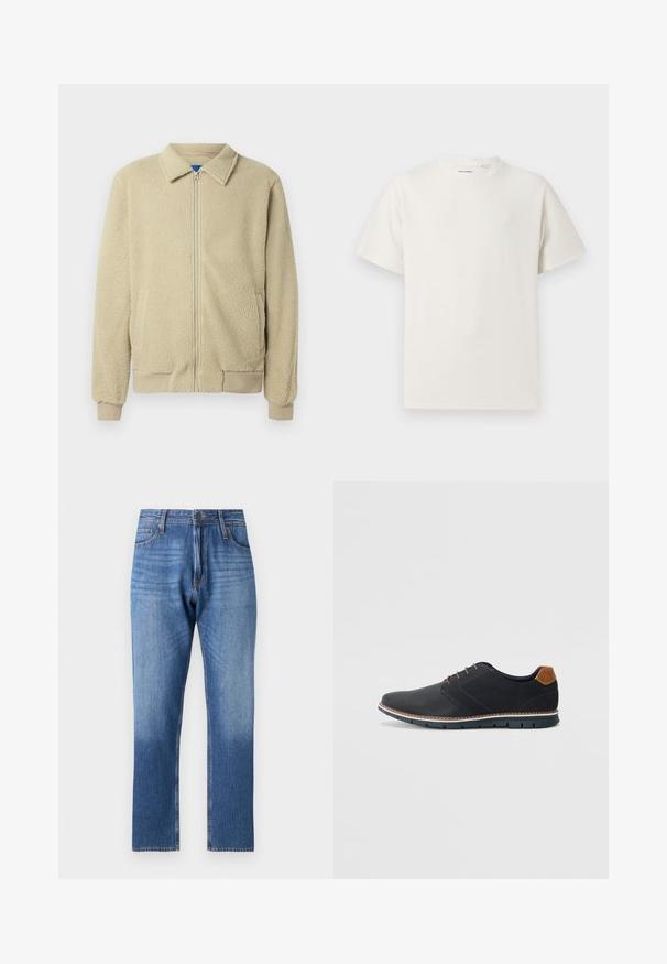 Casaco de pelo bege com fecho de correr frontal, gola alta, dois bolsos laterais, punhos e barra canelados. A textura parece macia e confortável.; T-shirt branco de manga curta em textura canelada. Gola redonda, ajuste descontraído, sem padrões ou detalhes visíveis. Design simples e versátil.; Jeans de ganga azuis com um efeito de clareamento gradual em direção à bainha, design de perna reta, cinco bolsos e fecho de botão metálico.; Sapatos sintéticos pretos com um upper texturizado, pormenores lisos, salto castanho e uma sola contrastante. Apresentam um sistema de atacadores mínimo e detalhes de costura.