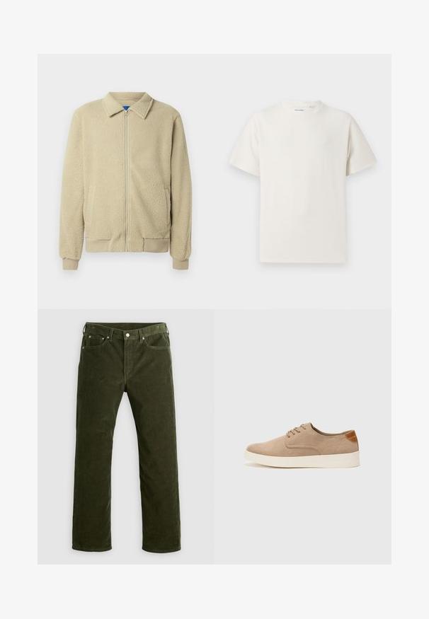 Beige fleecejacka med dragkedja framtill, ståkrage, två sidofickor, ribbade muddar och fåll. Texturen ser mjuk och mysig ut.; Vit t-shirt med kort ärm i ribbad struktur. Rund halsringning, löst sittande passform, inga synliga mönster eller detaljer. Enkelt och mångsidigt design.; Olivgrön corduroy raka byxor med knapp framtill, dragkedja, bältesöglor och femfickorsdesign på en vit bakgrund.; Beige mockasinsneakers med rund tå, snörning fram och texturerad bakaxel. Vit gummisula ger kontrast. Enkelt och modernt design.