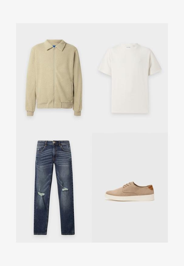 Bež flis jakna z zadrgo spredaj, stoječim ovratnikom, dvema stranskima žepoma, rebrastimi manšetami in robom. Tekstura je videti mehka in udobna.; Bela majica s kratkimi rokavi iz rebraste tkanine. Okrogli izrez, sproščen kroj, brez vidnih vzorcev ali naglasov. Preprosta in vsestranska zasnova.; Temno modri kavbojki z ravnim krojem, ki imajo obrabljena kolena in subtilno zbledela mesta. Opremi jih gumbasto zapiranje in pet žepov.; Bež tkanine usnjene superge z zaobljenim nosom, vezalkami na sprednji strani in teksturiranim zadnjim detajlom. Belo gumijasto podplato zagotavlja kontrast. Enostaven in sodoben dizajn.