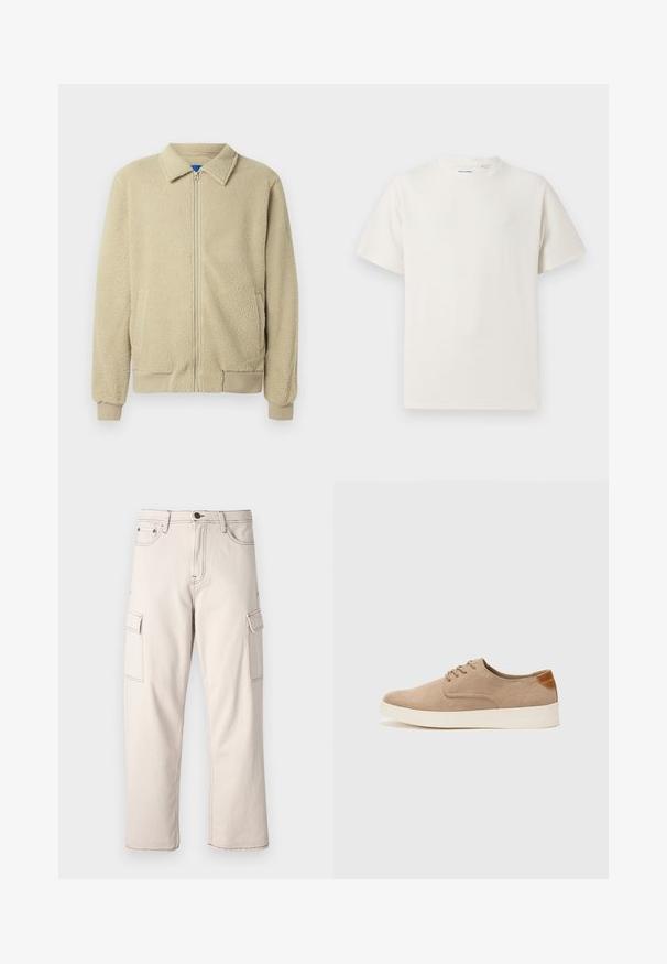 Beige fleecejack met een ritssluiting aan de voorkant, opstaande kraag, twee zijzakken, geribbelde manchetten en zoom. De textuur oogt zacht en gezellig.; Witte korte mouwen T-shirt met ribbelstructuur. Ronde hals, ontspannen pasvorm, geen zichtbare patronen of accenten. Eenvoudig en veelzijdig ontwerp.; Beige cargobroek van katoen, met twee zijzakken, een recht model en contrasterende stiksels.; Beige suède sneakers met een ronde neus, vetersluiting aan de voorkant en een getextureerde achteraccent. De witte rubberen zool zorgt voor contrast. Eenvoudig en modern ontwerp.