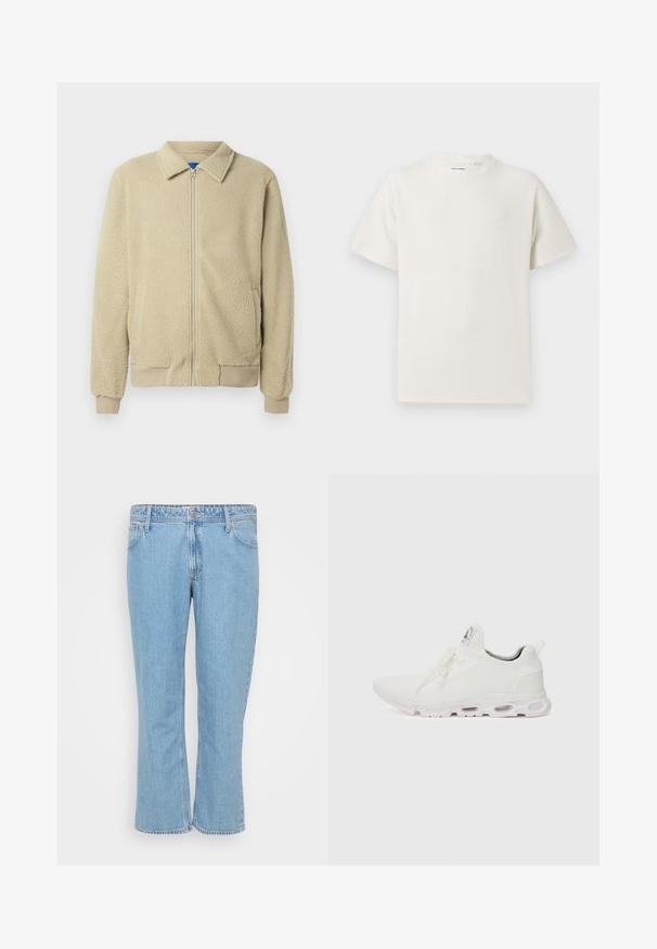 Beežika värvi fliisjope, esikinnitus lukuga, püstkrae, kaks küljetaskut, soonikuga varrukaotsad ja servad. Tekstuur tundub pehme ja hubane.; Valge lühikeste varrukatega T-särk ribakudumises. Ümar kaelus, mugav lõige, nähtavad mustrid ega aksessuaarid puuduvad. Lihtne ja mitmekesine disain.; Heledad sinine teksapüksid sirge lõikega, viie taskuga disain ja nööpkinnitusega vöökoht.; Valged sportijalatsid, millel on tekstuuriga kudum peal, lame paelad ja pehmendatud tallad nähtavate õhukambritega täiendava toe jaoks.