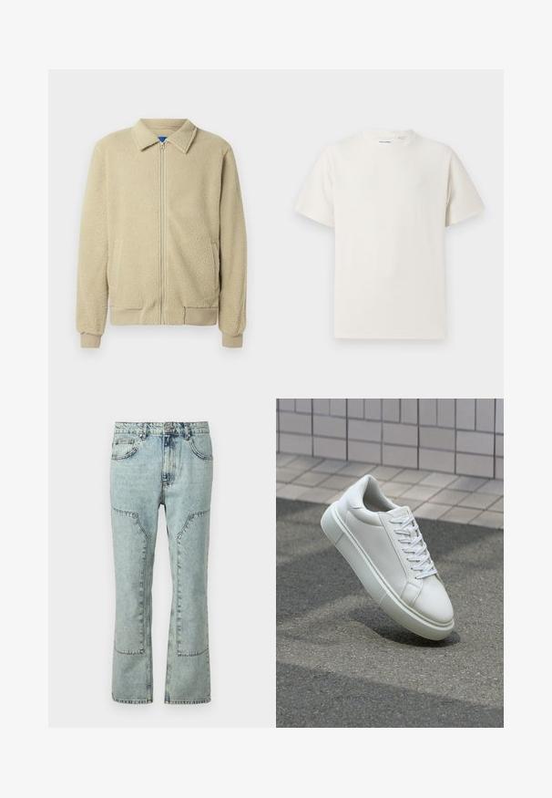 Bež flis jakna z zadrgo spredaj, stoječim ovratnikom, dvema stranskima žepoma, rebrastimi manšetami in robom. Tekstura je videti mehka in udobna.; Bela majica s kratkimi rokavi iz rebraste tkanine. Okrogli izrez, sproščen kroj, brez vidnih vzorcev ali naglasov. Preprosta in vsestranska zasnova.; Svetlo modri kavbojski pajkice s ravnim krojem, ki imajo nalepkaste žepe in kontrastno šivanje. Tkanina ima bleden videz.; Bela usnjena teniska obutev z gladko površino, okroglo konico in ravnimi belimi vezalkami. Ima teksturiran gumijast podplat in minimalne oblikovalske elemente.