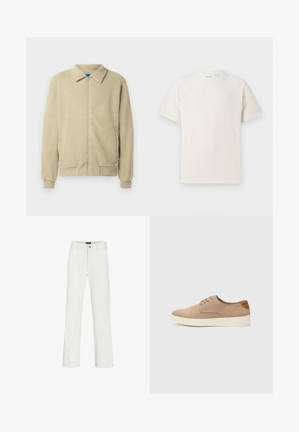 Beige fleecejakke med lynlås foran, stående krave, to sidelommer, ribstrikkede manchetter og kant. Teksturen ser blød og hyggelig ud.; Hvid kortærmet T-shirt i ribbet tekstur. Rund halsudskæring, løs pasform, ingen synlige mønstre eller accenter. Enkel og alsidig design.; Hvide vidde bukser lavet af en bomuldsblanding, med en frontknaplukning, bælteløkker og to sidelommer.; Beige ruskinds sneakers med rund tå, snørebånd foran og en struktureret rygdetalje. Hvid gummisål giver kontrast. Enkel og moderne design.