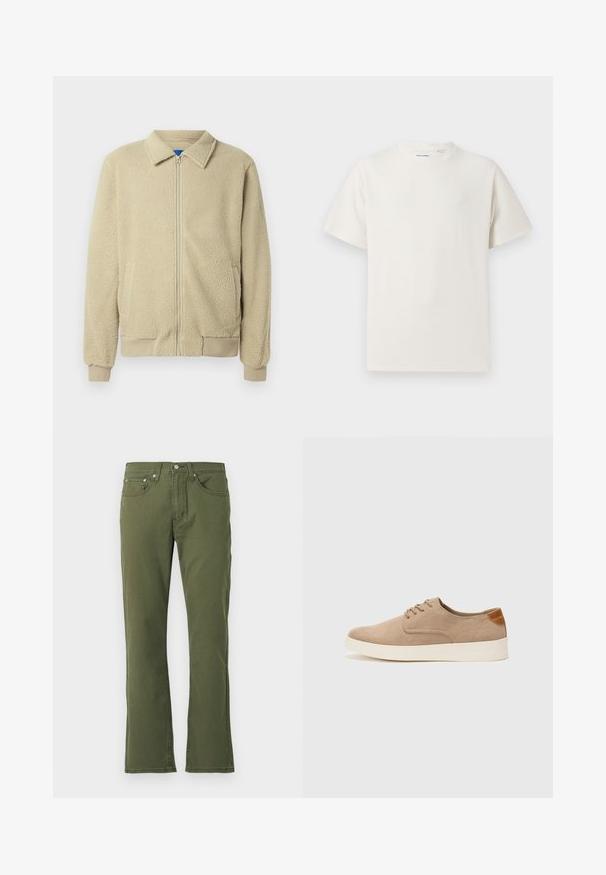 Bež flis jakna sa patentnim zatvaračem sprijeda, uspravnim ovratnikom, dva bočna džepa, rebrastim manšetama i rubom. Tekstura izgleda mekano i udobno.; Bijela kratka majica s kratkim rukavima u rebrastoj teksturi. Okrugli izrez, ležeran kroj, bez vidljivih uzoraka ili akcenta. Jednostavan i svestran dizajn.; Maslinaste traperice šišrnog kroja napravljene od pamuka s glatkom teksturom; sadrže pet džepova, zatvaranje na dugme i suptilne detalje prošivanja.; Bež nubuk tenisice s okruglim vrhom, vezanjem sprijeda i teksturiranim stražnjim naglaskom. Bijela gumena potpetica pruža kontrast. Jednostavan i moderan dizajn.