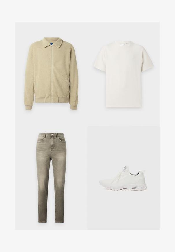 Beige fleecejakke med glidelås foran, ståkrage, to sidelommer, ribbekanter på ermer og nederst. Teksturen virker myk og koselig.; Hvit T-skjorte med kort erm i ribbestrikket tekstur. Rund hals, avslappet passform, ingen synlige mønstre eller detaljer. Enkelt og allsidig design.; Grå høytlivte jeans i denimstoff, med knappelukking, fem lommer og slim-fit design med subtile falming.; Hvite atletiske sko med et teksturert strikket overdel, flate snører og en polstret såle med synlige luftkamre for ekstra støtte.