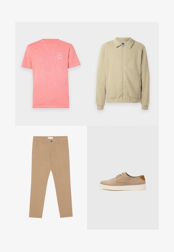Beige fleece jacket with a zip front, stand collar, two side pockets, ribbed cuffs, and hem. The texture appears soft and cozy.; Pink cotton t-shirt with short sleeves, featuring a small white logo design on the left chest area. Soft texture and classic crew neck.; Khaki chinos made of cotton blend, featuring a flat front, two side pockets, and a single back pocket. Lightweight fabric with a smooth texture.; Beige suede sneakers with a rounded toe, lace-up front, and a textured back accent. White rubber sole provides contrast. Simple and modern design.