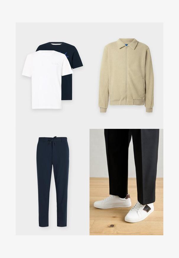 Beige fleece jacket with a zip front, stand collar, two side pockets, ribbed cuffs, and hem. The texture appears soft and cozy.; Two crew neck t-shirts: one white with light text, one navy blue with a graphic print. Both are short-sleeved and made of soft fabric.; Navy blue trousers made of smooth fabric with a drawstring waist, featuring vertical pinstripe pattern and tapered leg design.; White sneakers with smooth texture, featuring brown leather accents and black detailing, paired with black tailored pants. Wooden floor background.
