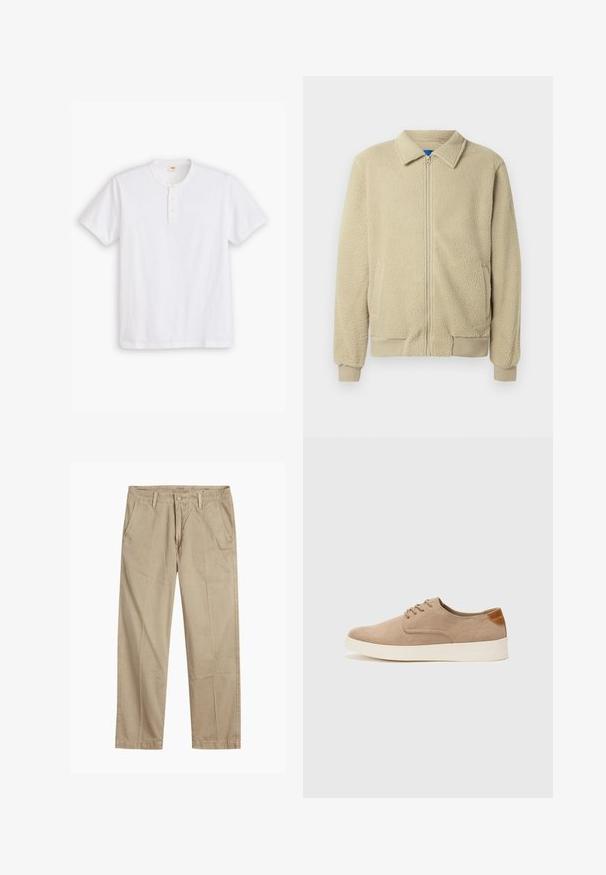 Smėlio spalvos flisinė striukė su priekiu užtrauktuku, stovinčiu apykakle, dviem šoninėmis kišenėmis, ribinėmis rankogaliais ir apatine briauna. Tekstūra atrodo minkšta ir jauki.; Balta trumpų rankovių henley marškinėliai, pagaminti iš medvilnės, su apvaliu apykaklės kirpimu, trimis mygtukais ir subtiliu logotipu ant krūtinės.; Bežiniai tiesaus kirpimo chinos kelnės su diržo kilputėmis, priekyje esančia mygtuko ir užtrauktuko uždarymo sistema, bei šoninėmis kišenėmis.; Bežiniai zomšiniai sportbačiai su apvaliomis pirštų dalimis, raišteliais priekyje ir tekstūruotu užkulniu. Balta guma suteikia kontrastą. Paprastas ir modernus dizainas.