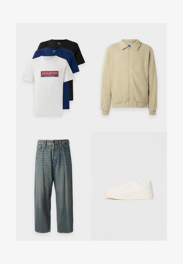 Beige fleecejakke med glidelås foran, ståkrage, to sidelommer, ribbekanter på ermer og nederst. Teksturen virker myk og koselig.; Tre stablede kortermede t-skjorter med rund hals i hvit med rød og blå logo, marineblå og svart, vist på hvit bakgrunn.; Lyseblå denimjeans med løs passform, midjehøyde og rette ben. Har fem lommer, beltehemper og knappelukking.; Hvite slip-on joggesko med teksturert overflate, tykk såle og minimalistisk design. Har merkevarelogo på siden.